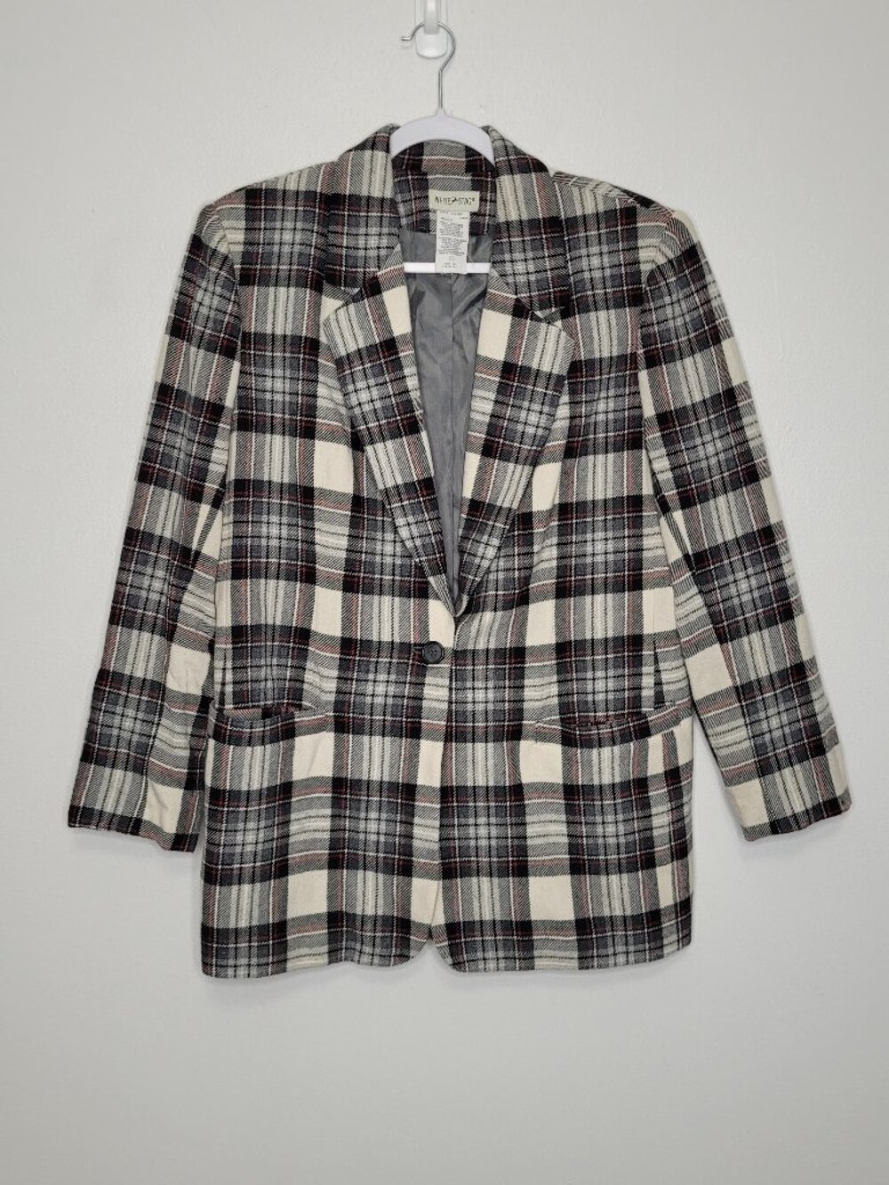 Vintage 90s White Stag off white black plaid button front preppy blazer size 10